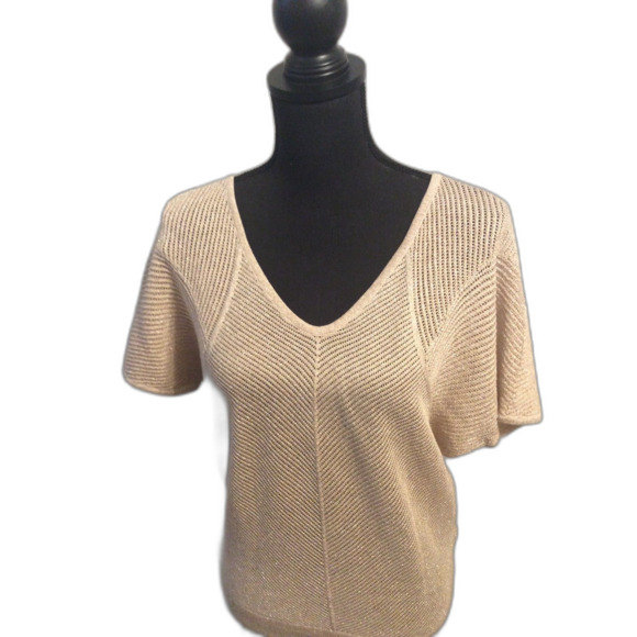 Express Medium M Gold Metallic Short Sleeve Holiday Sweater Career - Picture 1 of 5